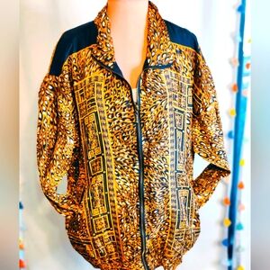 greek key animal print 100% silk banded bottom Bomber Jacket super chic LG